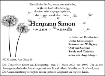 Traueranzeige von Hermann Simon von vrm-trauer Allgemeine Zeitung Alzey