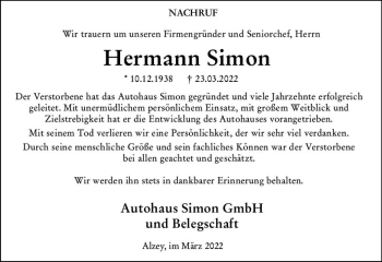 Traueranzeige von Hermann Simon von vrm-trauer Allgemeine Zeitung Alzey
