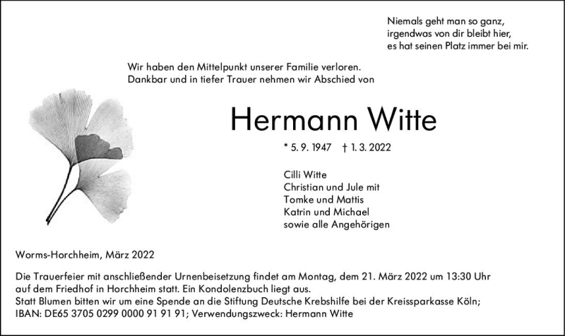  Traueranzeige für Hermann Witte vom 19.03.2022 aus vrm-trauer Wormser Zeitung