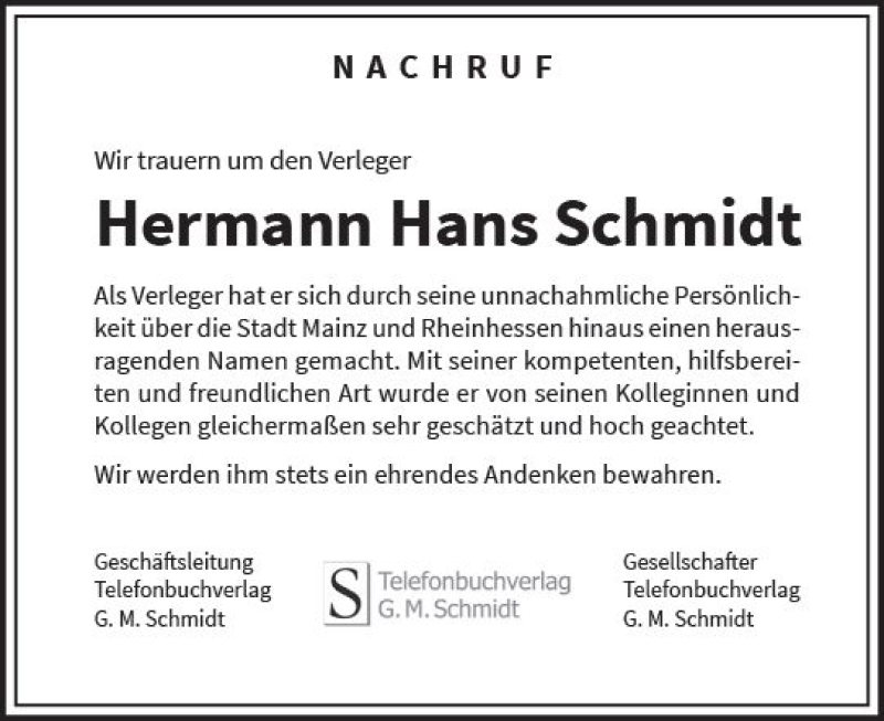  Traueranzeige für Hermann Hans Schmidt vom 26.03.2022 aus vrm-trauer Wiesbadener Kurier