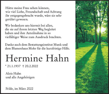 Traueranzeige von Hermine Hahn von vrm-trauer Hochheimer Zeitung