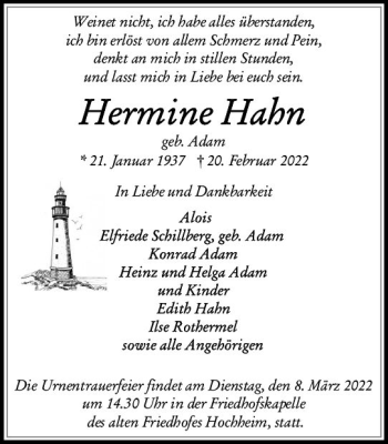 Traueranzeige von Hermine Hahn von vrm-trauer Hochheimer Zeitung