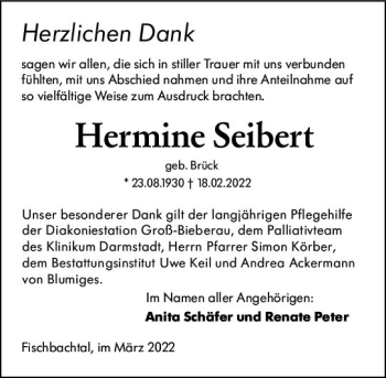 Traueranzeige von Hermine Seibert von vrm-trauer Darmstädter Echo