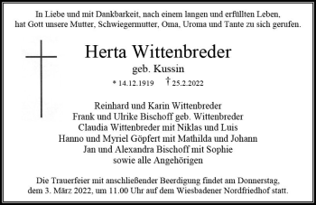 Traueranzeige von Herta Wittenbreder von vrm-trauer Wiesbadener Kurier