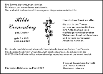 Traueranzeige von Hilde Cronenberg von vrm-trauer Wormser Zeitung