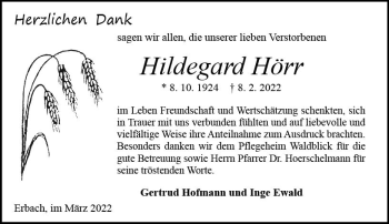 Traueranzeige von Hildegard Hörr von vrm-trauer Odenwälder Echo