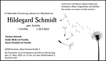 Traueranzeige von Hildegard Schmidt von vrm-trauer Rüsselsheimer Echo / MainSpitze