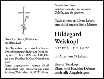 Traueranzeige von Hildegard Weiskopf von vrm-trauer Allgemeine Zeitung Alzey