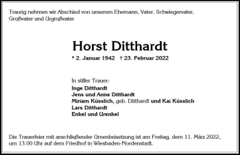 Traueranzeige von Horst Ditthardt von vrm-trauer Wiesbadener Kurier