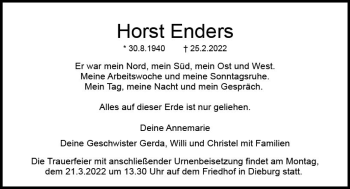 Traueranzeige von Horst Enders von vrm-trauer DieburgerAnzeiger/Groß-Zimmerner Lokala