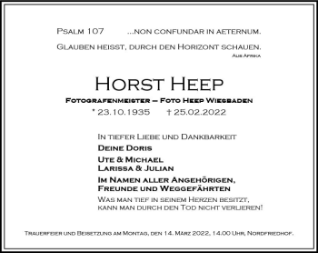 Traueranzeige von Horst Heep von vrm-trauer Wiesbadener Kurier