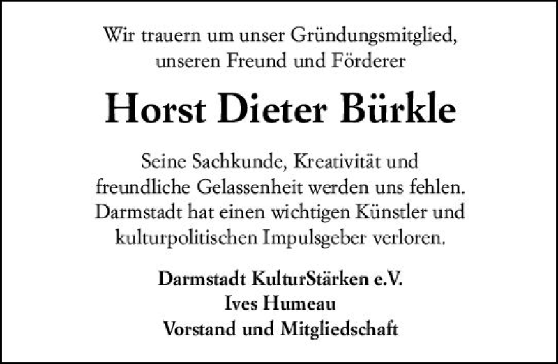  Traueranzeige für Horst Dieter Bürkle vom 16.03.2022 aus vrm-trauer Darmstädter Echo