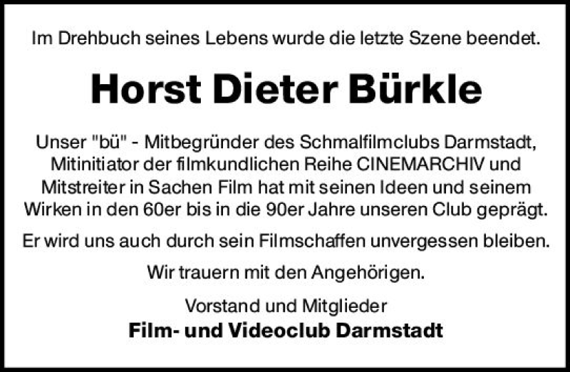  Traueranzeige für Horst Dieter Bürkle vom 19.03.2022 aus vrm-trauer Darmstädter Echo