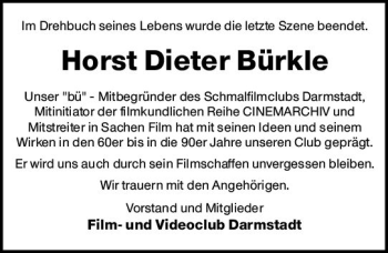 Traueranzeige von Horst Dieter Bürkle von vrm-trauer Darmstädter Echo