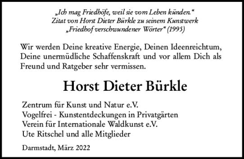  Traueranzeige für Horst Dieter Bürkle vom 12.03.2022 aus vrm-trauer Darmstädter Echo