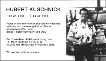 Traueranzeige von Hubert Kuschnick von vrm-trauer Darmstädter Echo
