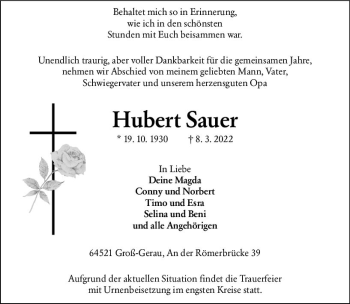 Traueranzeige von Hubert Sauer von vrm-trauer Groß-Gerauer Echo
