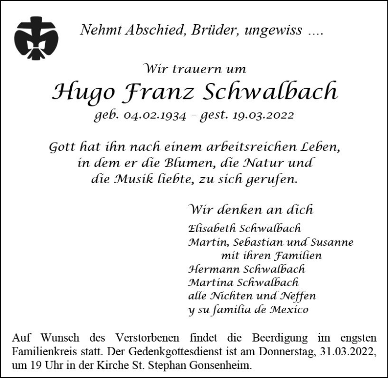  Traueranzeige für Hugo Franz Schwalbach vom 30.03.2022 aus vrm-trauer AZ Mainz