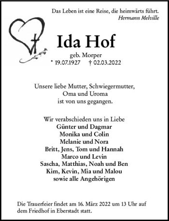 Traueranzeige von Ida Hof von vrm-trauer Darmstädter Echo