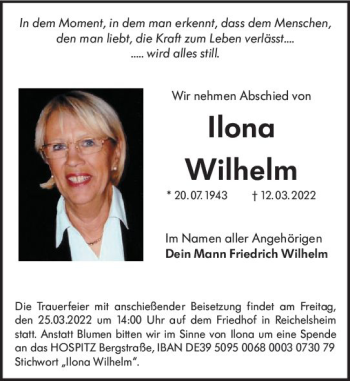 Traueranzeige von Ilona Wilhelm von vrm-trauer Odenwälder Echo