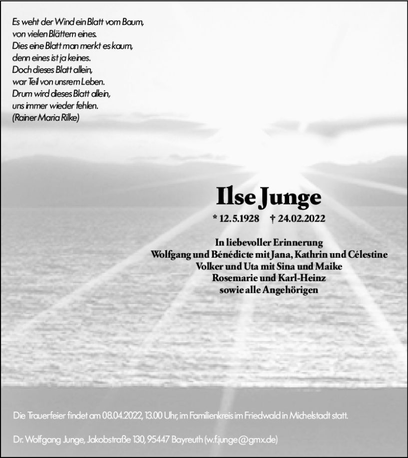  Traueranzeige für Ilse Junge vom 12.03.2022 aus vrm-trauer Odenwälder Echo