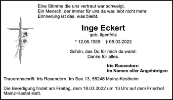 Traueranzeige von Inge Eckert von vrm-trauer AZ Mainz