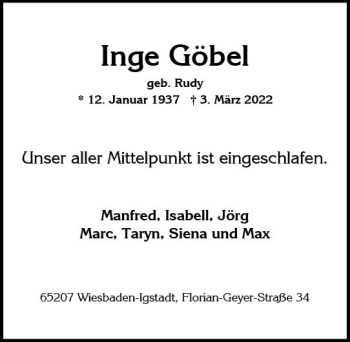 Traueranzeige von Inge Göbel von vrm-trauer Wiesbadener Kurier