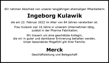 Traueranzeige von Ingeborg Kulawik von vrm-trauer Darmstädter Echo