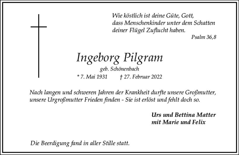  Traueranzeige für Ingeborg Pilgram vom 12.03.2022 aus vrm-trauer AZ Mainz