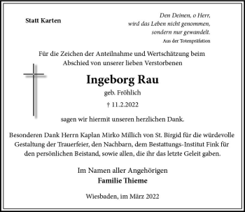 Traueranzeige von Ingeborg Rau von vrm-trauer Wiesbadener Kurier