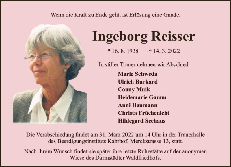  Traueranzeige für Ingeborg Reisser vom 26.03.2022 aus vrm-trauer Darmstädter Echo