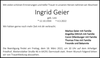 Traueranzeige von Ingrid Geier von vrm-trauer Darmstädter Echo