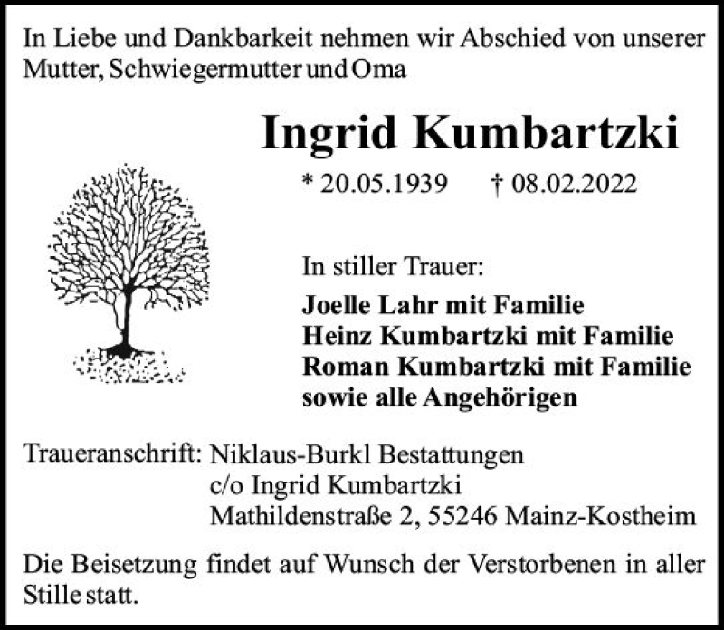  Traueranzeige für Ingrid Kumbartzki vom 05.03.2022 aus vrm-trauer Wiesbadener Kurier