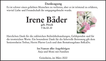 Traueranzeige von Irene Bäder von vrm-trauer Groß-Gerauer Echo