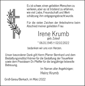 Traueranzeige von Irene Krumb von vrm-trauer Groß-Gerauer Echo