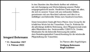 Traueranzeige von Irmgard Bohrmann von vrm-trauer Wiesbadener Kurier