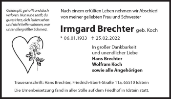Traueranzeige von Irmgard Brechter von vrm-trauer Wiesbadener Kurier