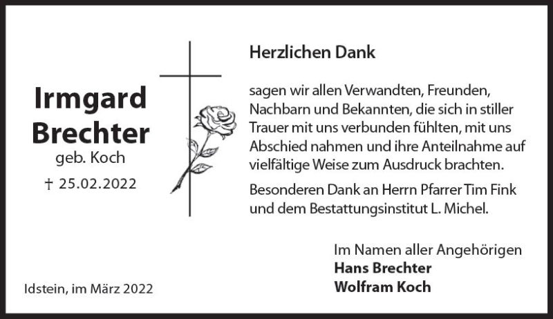  Traueranzeige für Irmgard Brechter vom 26.03.2022 aus vrm-trauer Idsteiner Zeitung