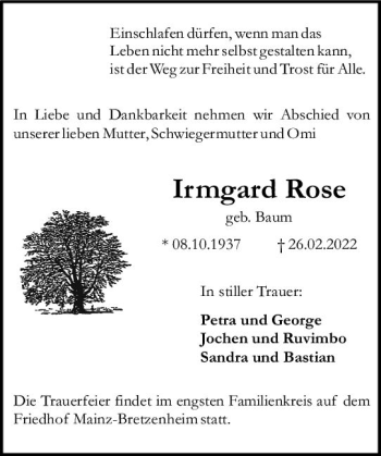 Traueranzeige von Irmgard Rose von vrm-trauer AZ Mainz