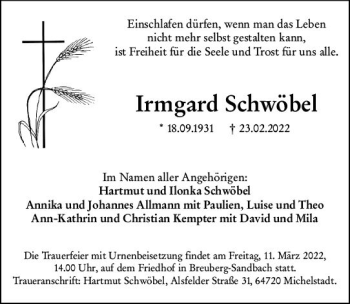 Traueranzeige von Irmgard Schwöbel von vrm-trauer Odenwälder Echo