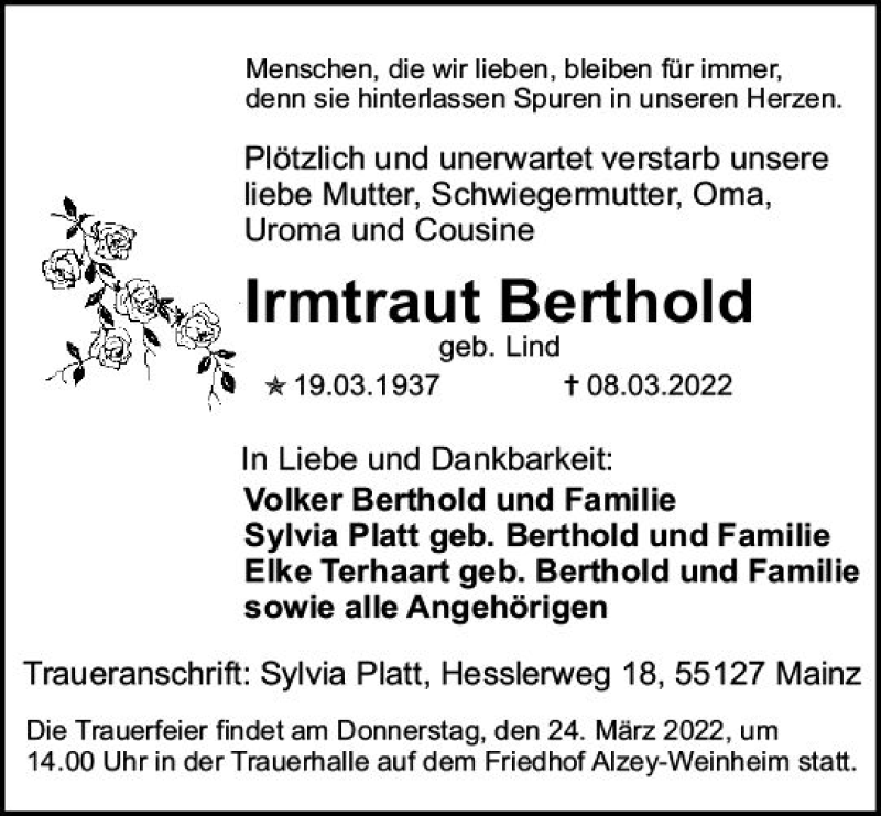  Traueranzeige für Irmtraut Berthold vom 19.03.2022 aus vrm-trauer Allgemeine Zeitung Alzey