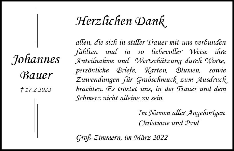  Traueranzeige für Johannes Bauer vom 19.03.2022 aus vrm-trauer DieburgerAnzeiger/Groß-Zimmerner Lokala