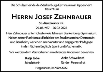 Traueranzeige von Josef Zehnbauer von vrm-trauer Bürstädter/Lamperth. Ztg/Starkenburger