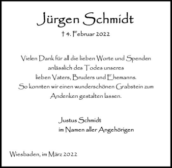 Traueranzeige von Jürgen Schmidt von vrm-trauer Wiesbadener Kurier