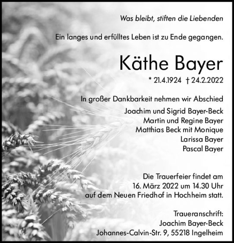  Traueranzeige für Käthe Bayer vom 04.03.2022 aus vrm-trauer Hochheimer Zeitung