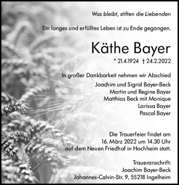 Traueranzeige von Käthe Bayer von vrm-trauer Hochheimer Zeitung