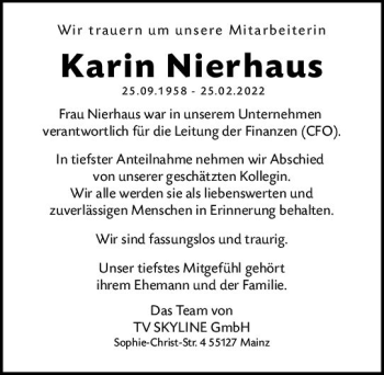 Traueranzeige von Karin Nierhaus von vrm-trauer AZ Mainz