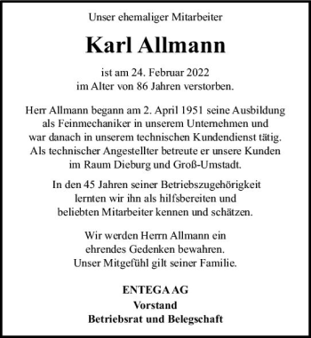Traueranzeige von Karl Allmann von vrm-trauer Odenwälder Echo