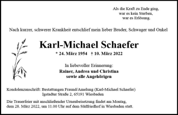 Traueranzeige von Karl-Michael Schaefer von vrm-trauer Wiesbadener Kurier