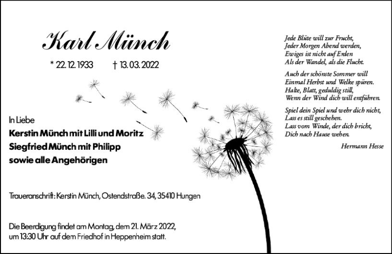  Traueranzeige für Karl Münch vom 19.03.2022 aus vrm-trauer Bürstädter/Lamperth. Ztg/Starkenburger